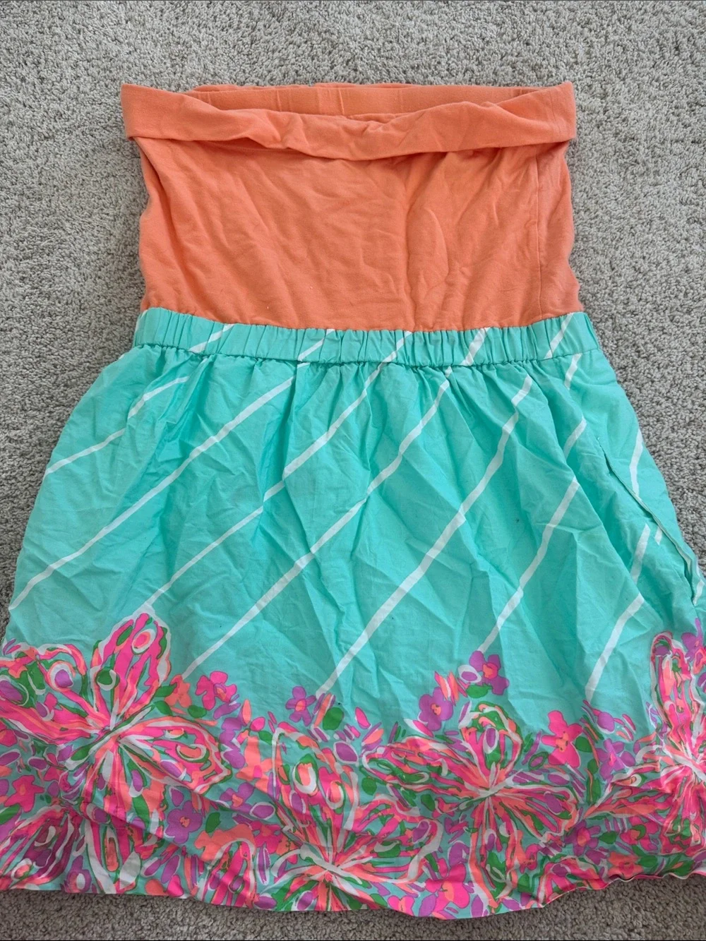 Lilly Pulitzer Orange and Aqua Strapless Floral Skirt Dress - Picture 3 of 3